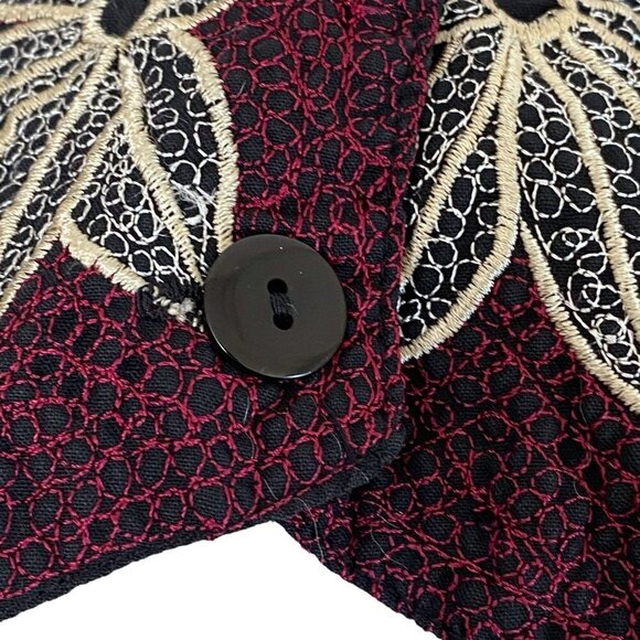 EFFECI Vintage Vest Embroidered Cotton Boho Fish Flowers Black Burgundy - Picture 8 of 11